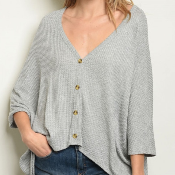 WAFFLE KNIT GREY HIGH LOW TOP - Picture 2 of 5